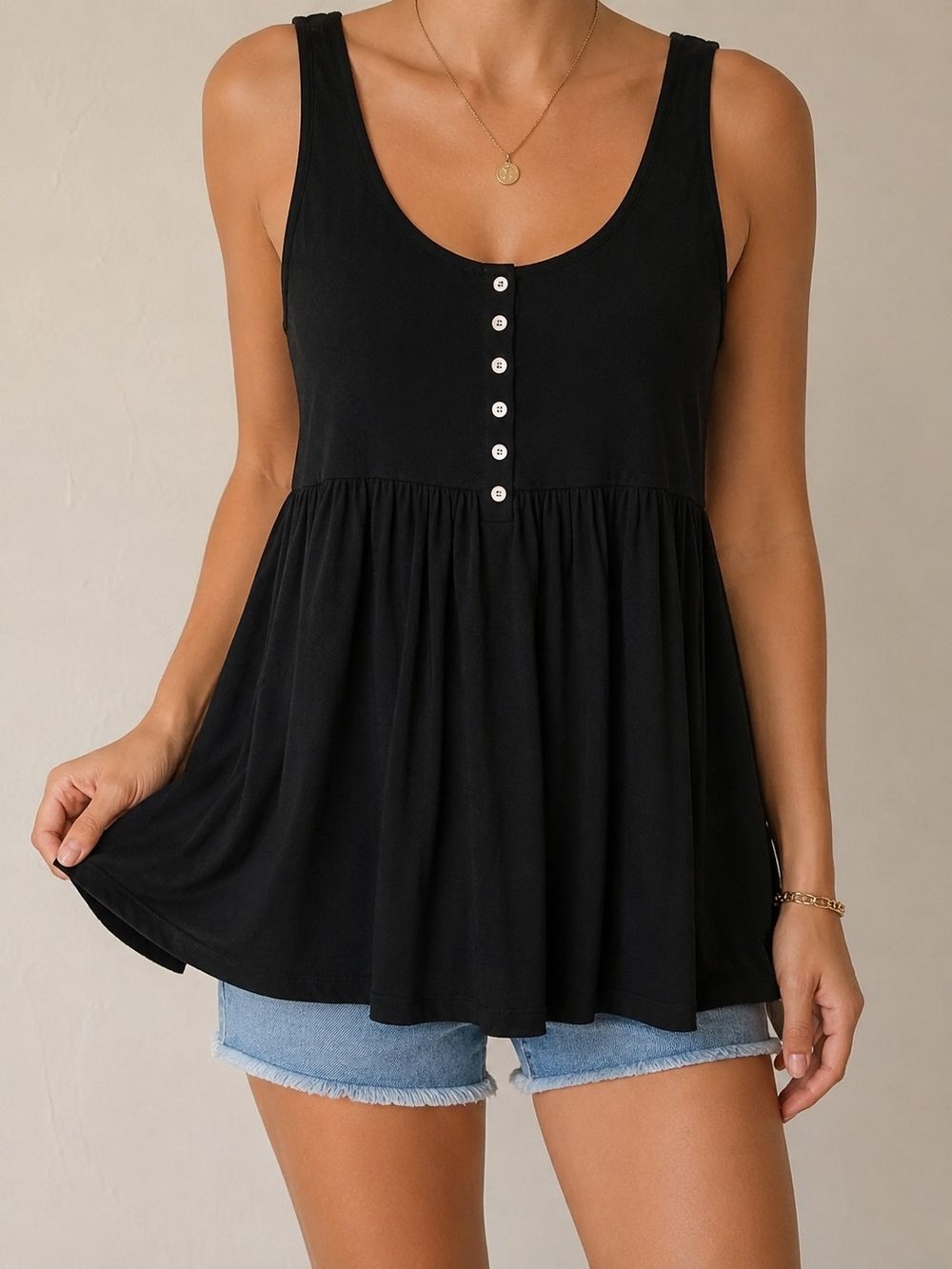 Forever 21 Black Sleeveless Babydoll Tunic Tank Top Size Small Rayon Button Fron